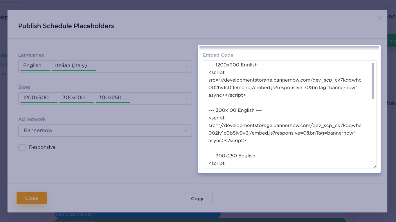 BannerNow schedule publish embed code