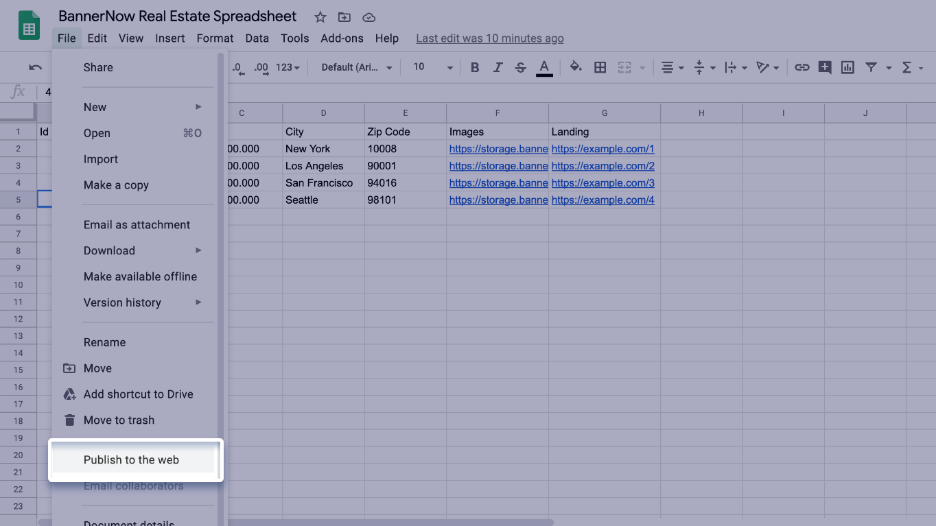 Google spreadsheet publish to web menu bannernow