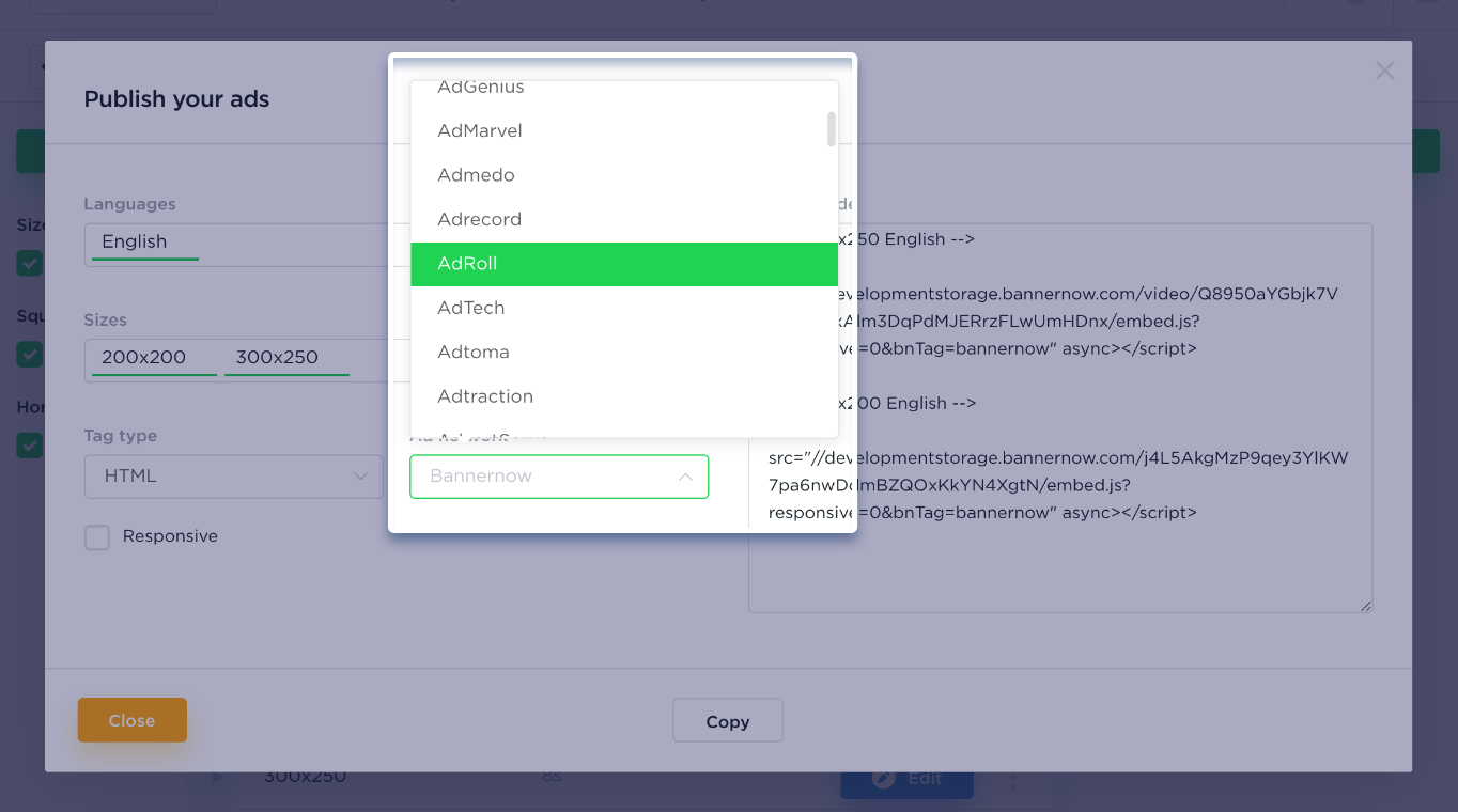 BannerNow publish modal AdRoll network