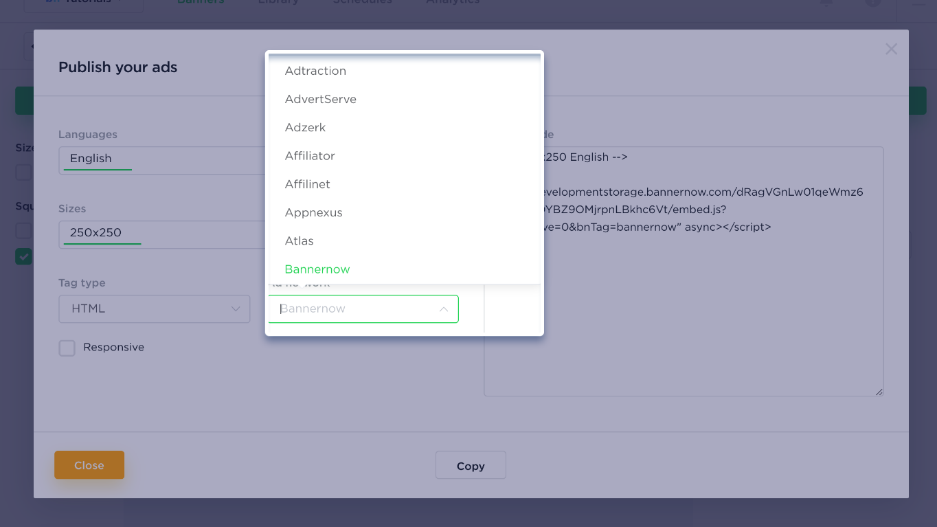 BannerNow publish modal ad networks dropdown