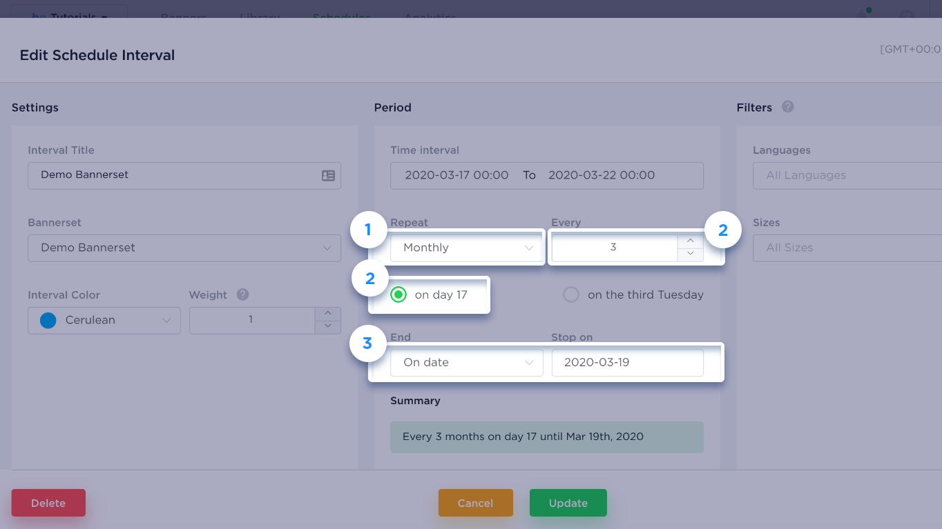 BannerNow edit schedule interval repeat monthly