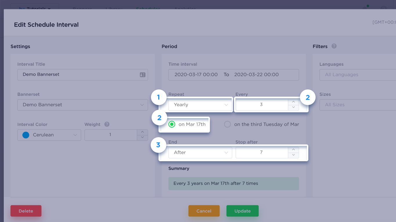 BannerNow edit schedule interval repeat yearly